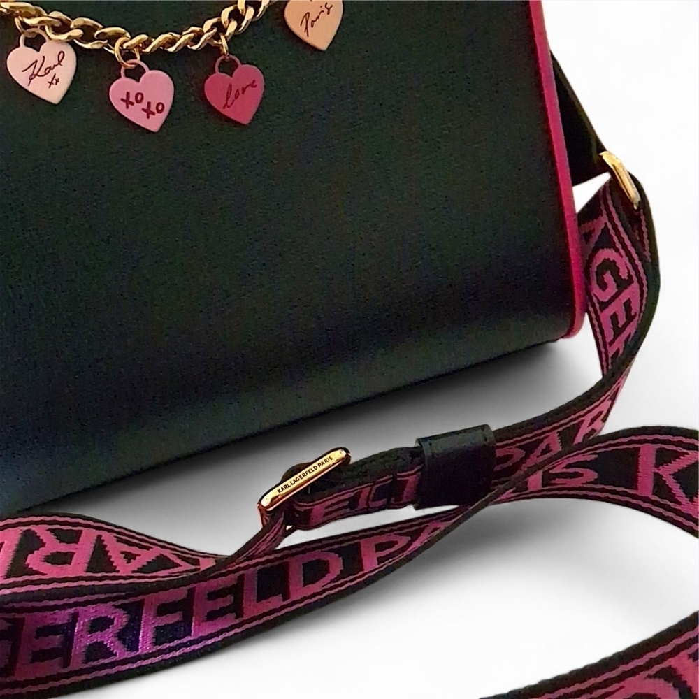Karl Lagerfeld Paris Signature Hearts Satchel Crossbody โ Black/Fuchsia - Picture 14 of 15